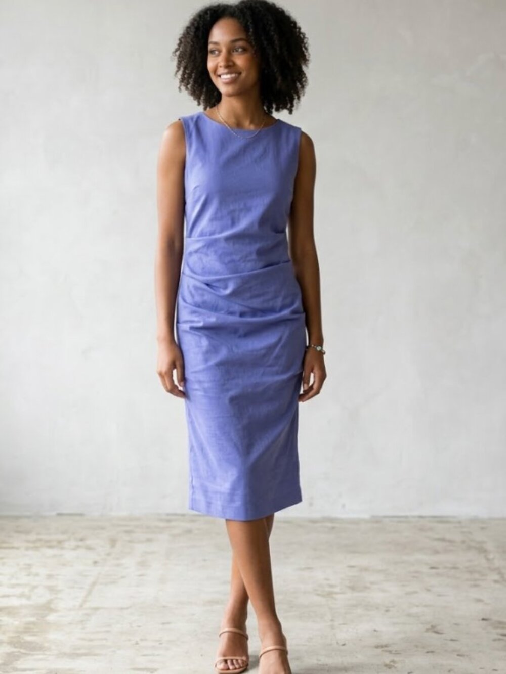 VTG 90s Sara Campbell Linen Blend Sheath Dress 6 Blue Sleeveless Minimalist USA